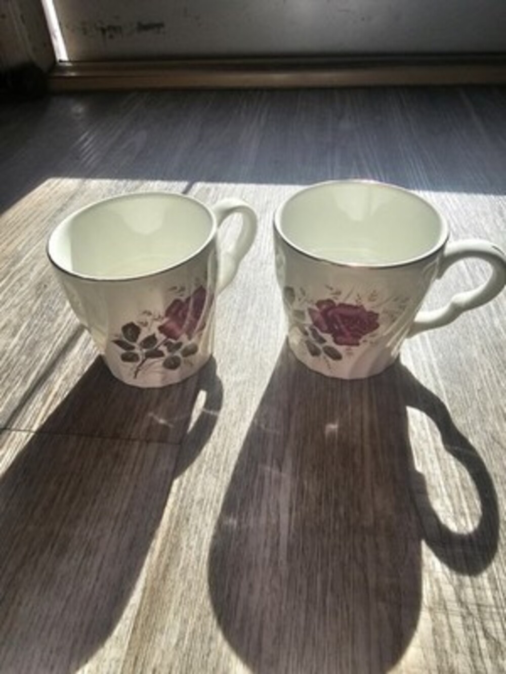 2 Vintage Woods England Burgundy Rose Tea Cups Swirl Gold Trim Porcelain
